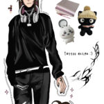 Concept art for one of my other characters i've created over time. She has headphones around her neck, and a tattoo design that is further in detail on the left.