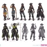 Concept art and variations of Fortnite skin "Calamity." In the bottom left it displays a green variation, while the top left is her regular tank top version.