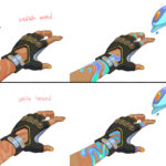 Process of Valorant character Gekko's scars on his hand. The image shows 2 different depictions of scars with a glove on, and without a glove.