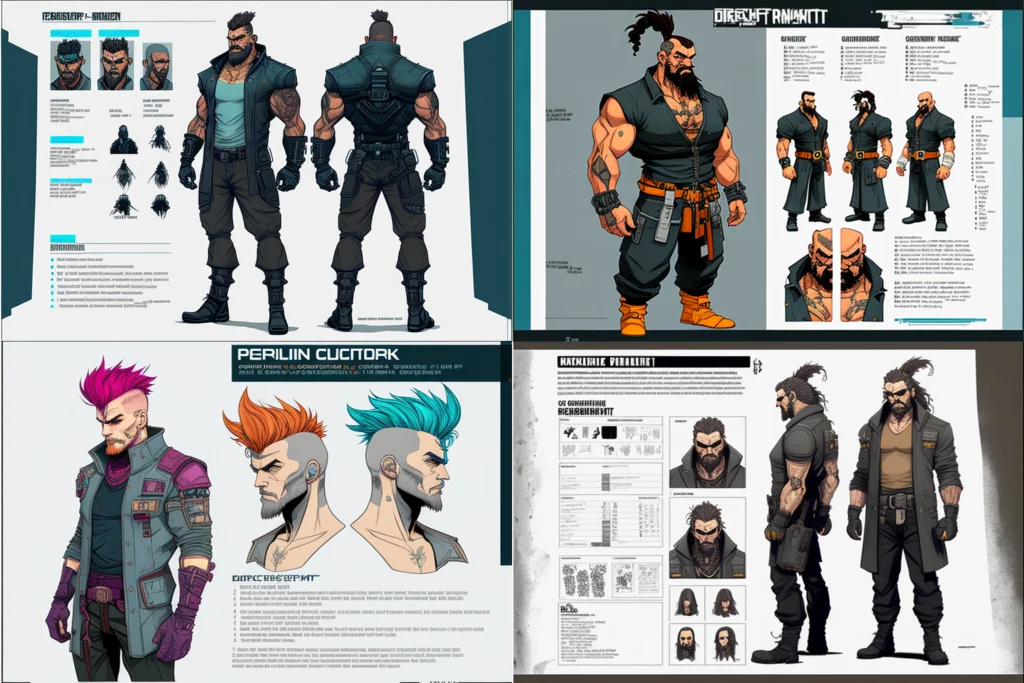This photograph shows a 4x4 design of what happens when you utilize AI to create character design sheets. 